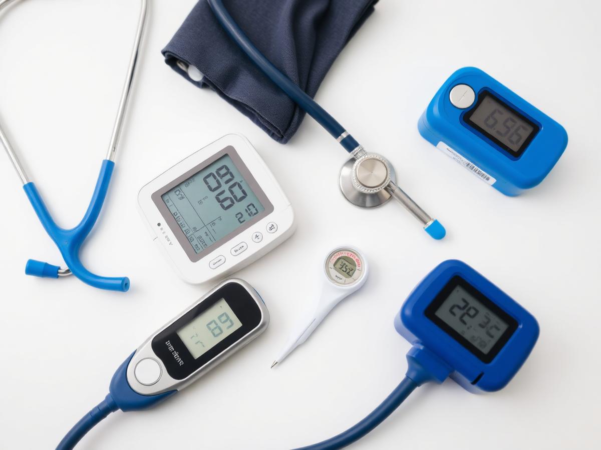 Digital blood pressure monitor, stethoscope, pulse oximeter, and thermometer arranged for Pakistani clinics
